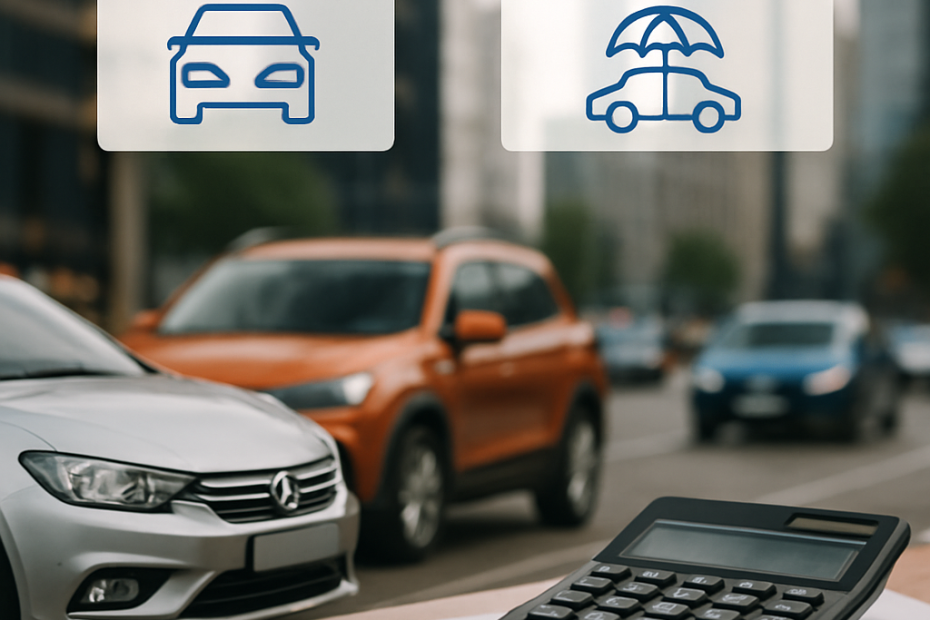 An infographic style image showing different types of car insurance options with icons, cars,